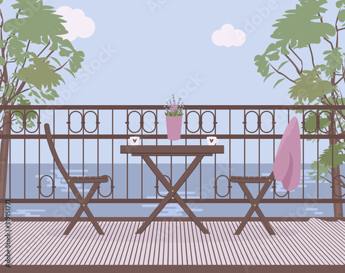 Wooden garden furniture on the balcony with wrought iron railings with a lilac pot with lavender flowers, matting mat.Cups of coffee or tea, natural landscape, sky, clouds, trees.Vector illustration