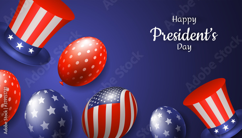 Happy president's day with realistic uncle sam hat and balloon in dark background. Vector illustration for President day in USA.