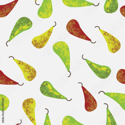 A green, yellow, and red pears on a light background seamless vector pattern. Fruit themed surface print design.