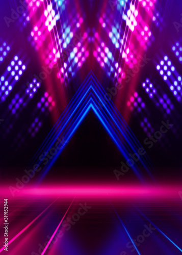Abstract dark background with blue and pink neon glow. Neon luminous figure in the center of the stage. Light lines on a dark background, smoke, smog