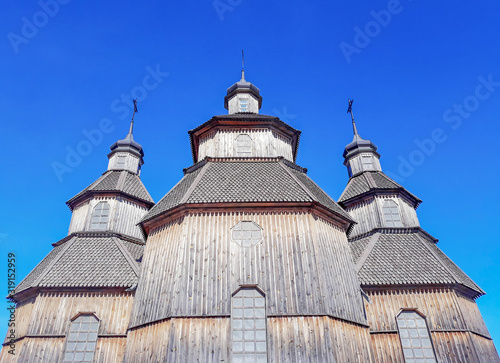 Wooden old church in Ukraine on Zaporozhian Sich, Hortisia island.