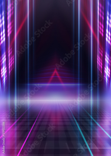 Abstract dark background with blue and pink neon glow. Neon luminous figure in the center of the stage. Light lines on a dark background, smoke, smog