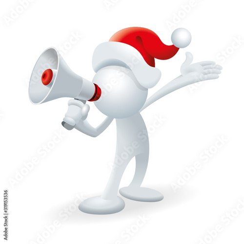 Cute little white Sim man with a Santa Claus hat making Christmas promotion announcement with megaphone
