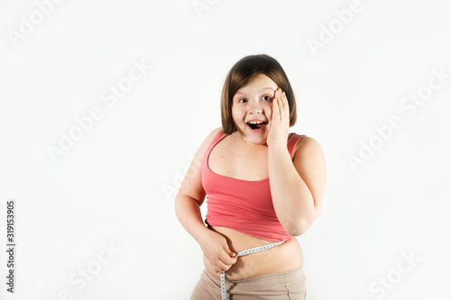 fat chubby kid girl with centimeter tape, white