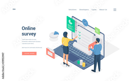 People surveying data in Internet. Isometric vector illustration