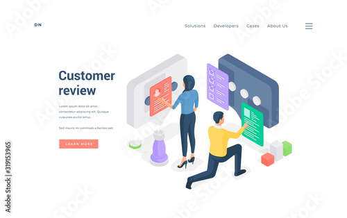 Man and woman reading service reviews. Isometric vector illustration