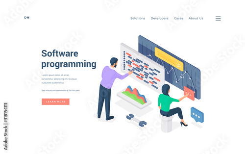 Male and female colleagues programming software. Isometric vector illustration
