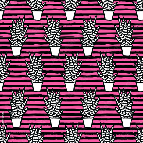 Cactus Vector Seamless pattern. Nature. Hand drawn doodle cacti. Desert Floral background. Black and white succulents print ion white and yellow squares