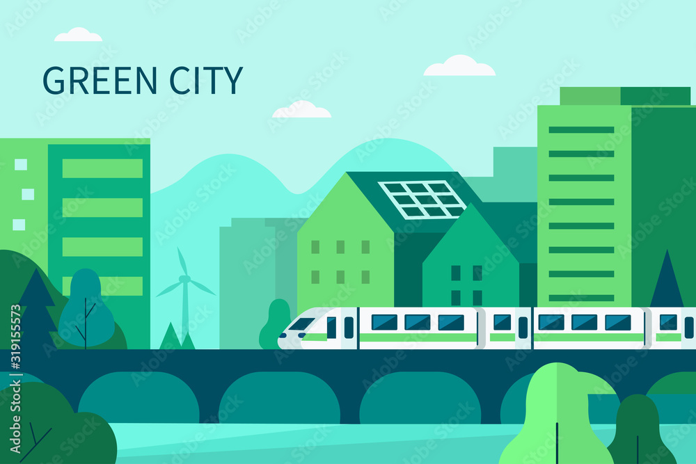 Modern Green City Center with Train, Buildings, Private Houses with Solar Energy Panels and Windmills. Eco Town Powered  by Renewable Energy. Ecology Concept.  Flat Cartoon Vector Illustration.