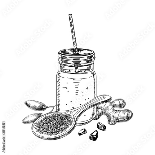 Glass jar mug of smoothie for healthy life with drinking straw, hand drawn sketch vector illustration.