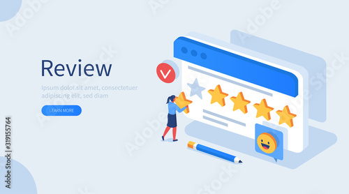 People Character Giving Five Star Feedback. Client Choosing Satisfaction Rating and Leaving Positive Review. Customer Service and User Experience Concept. Flat Isometric Vector Illustration.