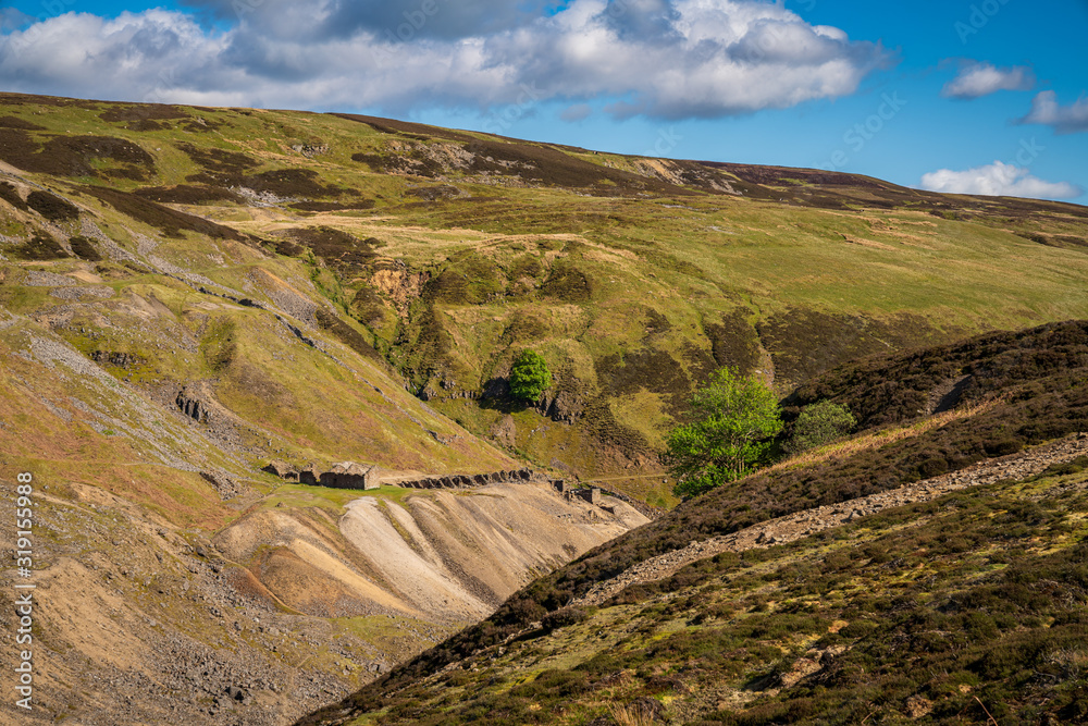 Naklejka premium Yorkshire Dales landscape at the Gunnerside Gill, with the remains of Bunton Mine, near Gunnerside, North Yorkshire, England, UK