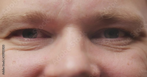 Close up brown eyes of serious man staring and frowning. Macro portrait of caucasian male face seriously looking into camera with negative emotion. Facial expression of confident man