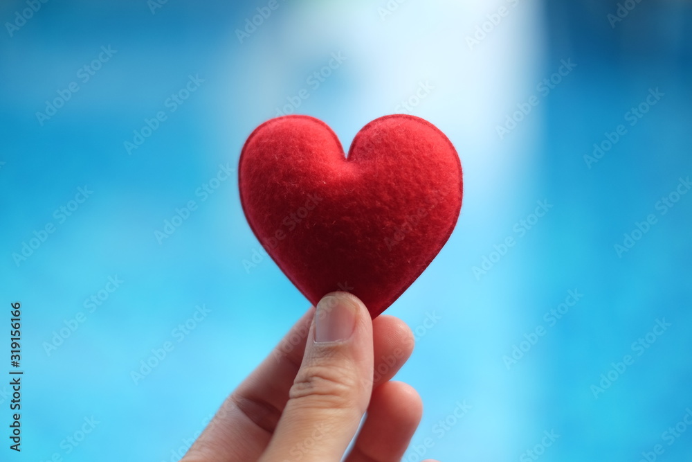 Red heart in woman’s hand isolated on blue background. Love and giving concept.