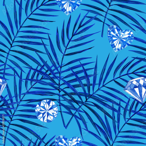 Blue palm leaves with crystals, hearts on a light blue background. Watercolor seamless pattern.