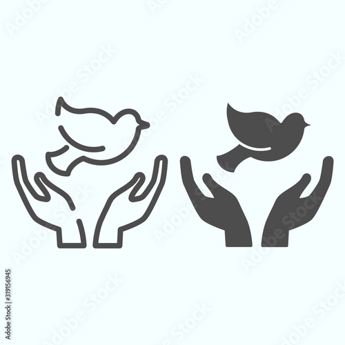 Dove in the hands line and solid icon. Dove of peace vector illustration isolated on white. Dove outline style design, designed for web and app. Eps 10.