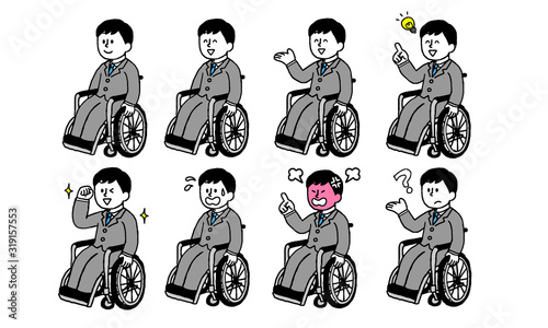 	車椅子に乗るスーツ男性セット（シンプル）