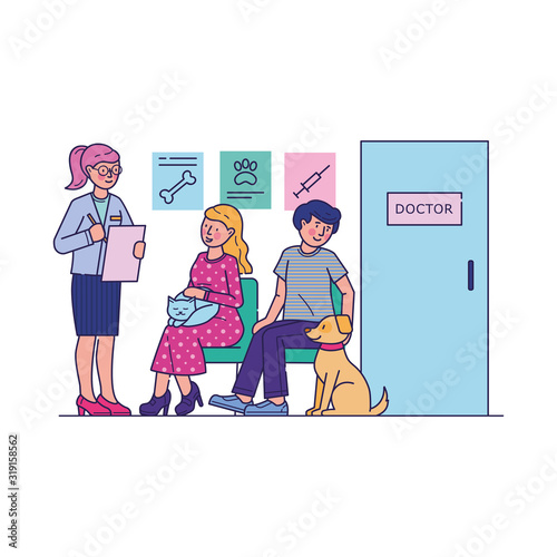 People with pets waiting for doctor in queue. Vet services for cat, medical care for dog vector illustration. Veterinarian clinic concept and pet owner sitting at hospital hall