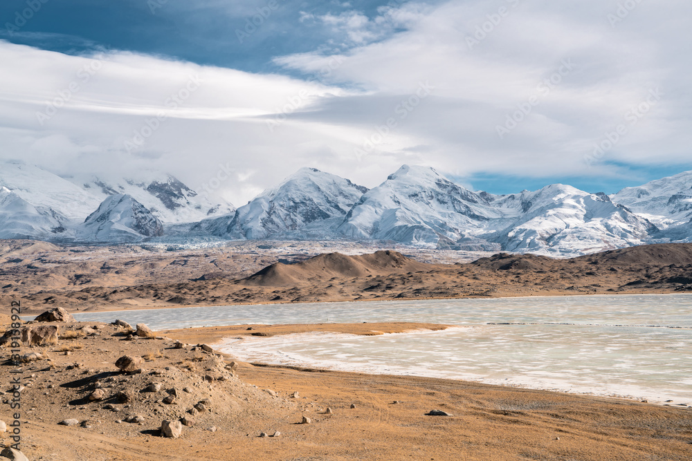 China Xinjiang Kashgar Karakuri frozen ice Lake in winter season.