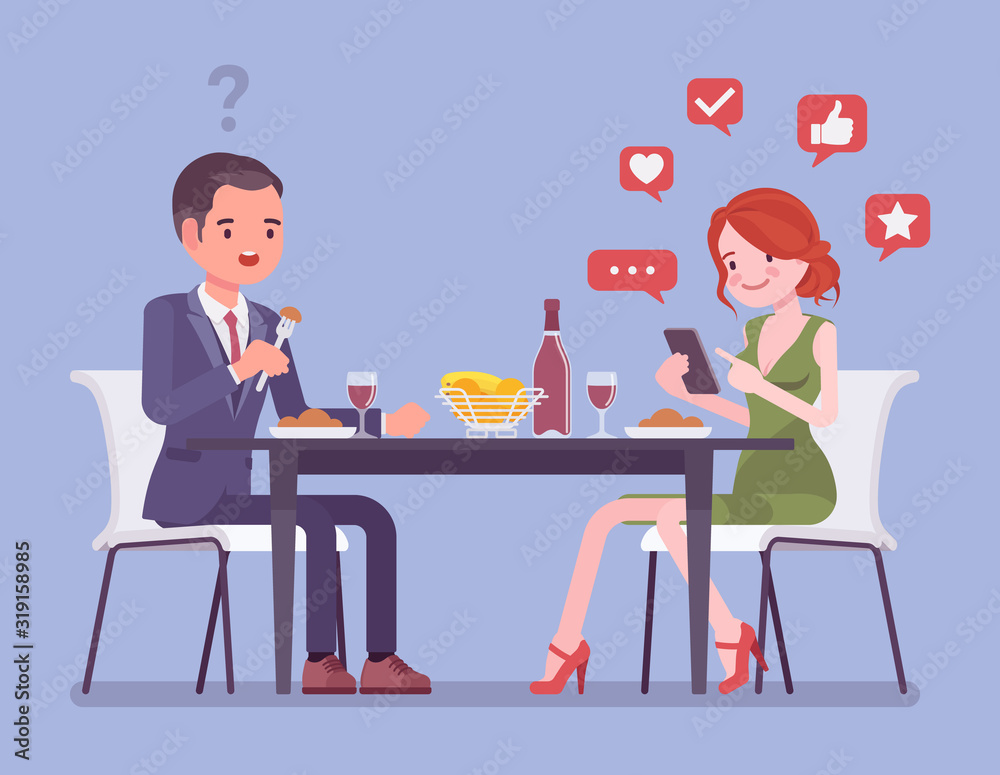 Gadget addiction, woman dependent on smartphone. Couple date in restaurant, lady taking photo of food, glued to phone screen, social media, losing touch with actual world around. Vector illustration