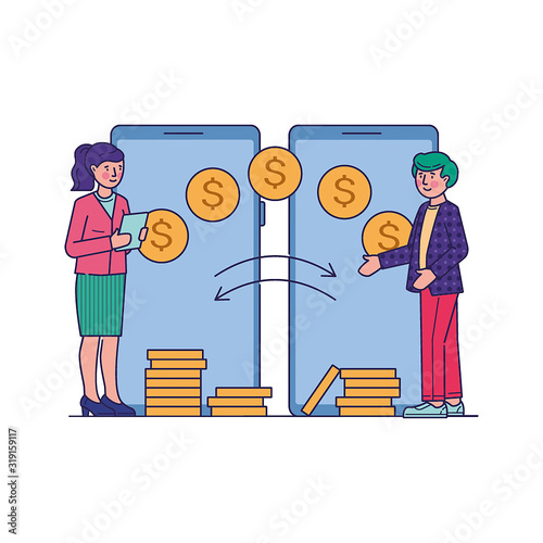 People making financial transactions via mobile app. Banking and sending money flat vector illustration. Mobile transfer payments and remittance concept using online electronic service