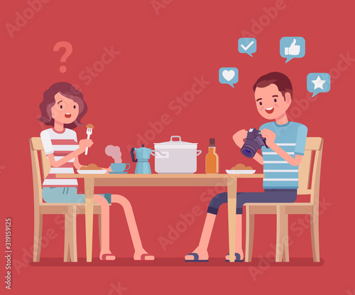 Gadget addiction, guy at dinner dependent on food photography. Man takes photo of meal, restaurant snapping, sharing pictures in social media, culinary images for online followers. Vector illustration