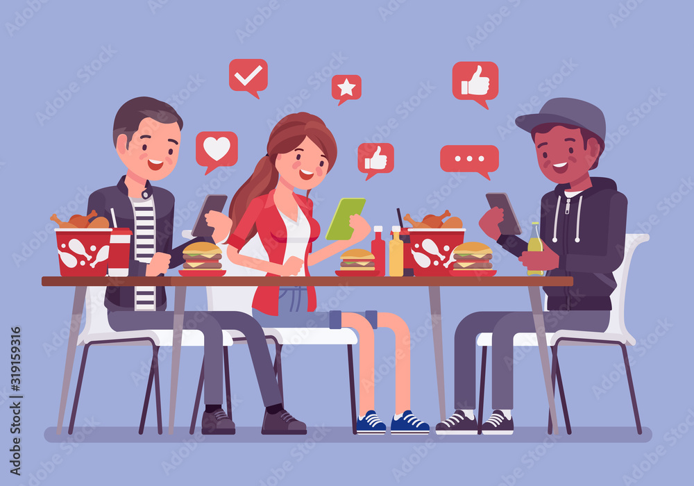 Gadget addiction, friends at dinner dependent on smartphones. Group of  young people having lunch together but glued to phone screen, sharing and  taking food photo, chatting online. Vector illustration Stock Vector