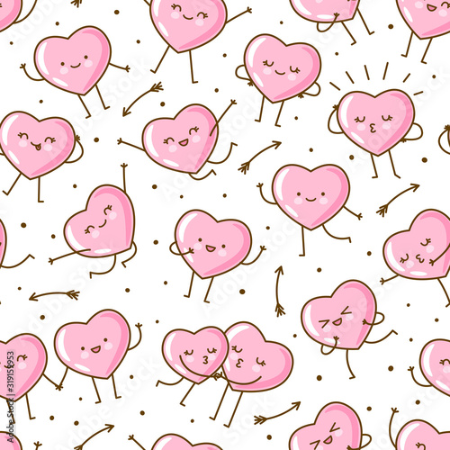 Seamless pattern with kawaii pink hearts isolated on white background Vector wallpaper for Valentines day cute design 2