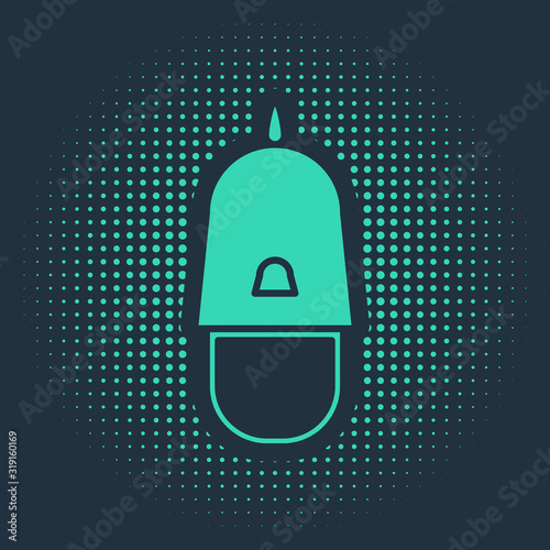 Green Police cap with cockade icon isolated on blue background. Police hat sign. Abstract circle random dots. Vector Illustration
