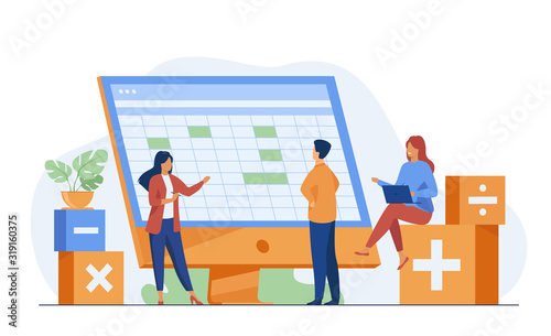 Colleagues discussing accounting statistics report using software vector illustration. Bookkeeping and audit for annual and financial reporting concept for business presentation slides