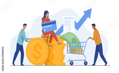 People investing their money in venture fund vector illustration. Business people financing high potential company innovation. Money transaction with credit card