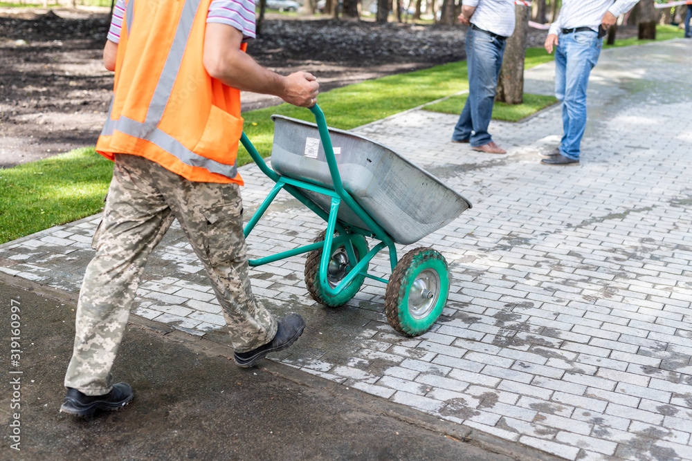 Obraz premium Professional gardener worker walkink with wheel-barow at park construction site. process of installation grass roll carpet and paving sidewalk on bright sunny day . Gardening landcaping service