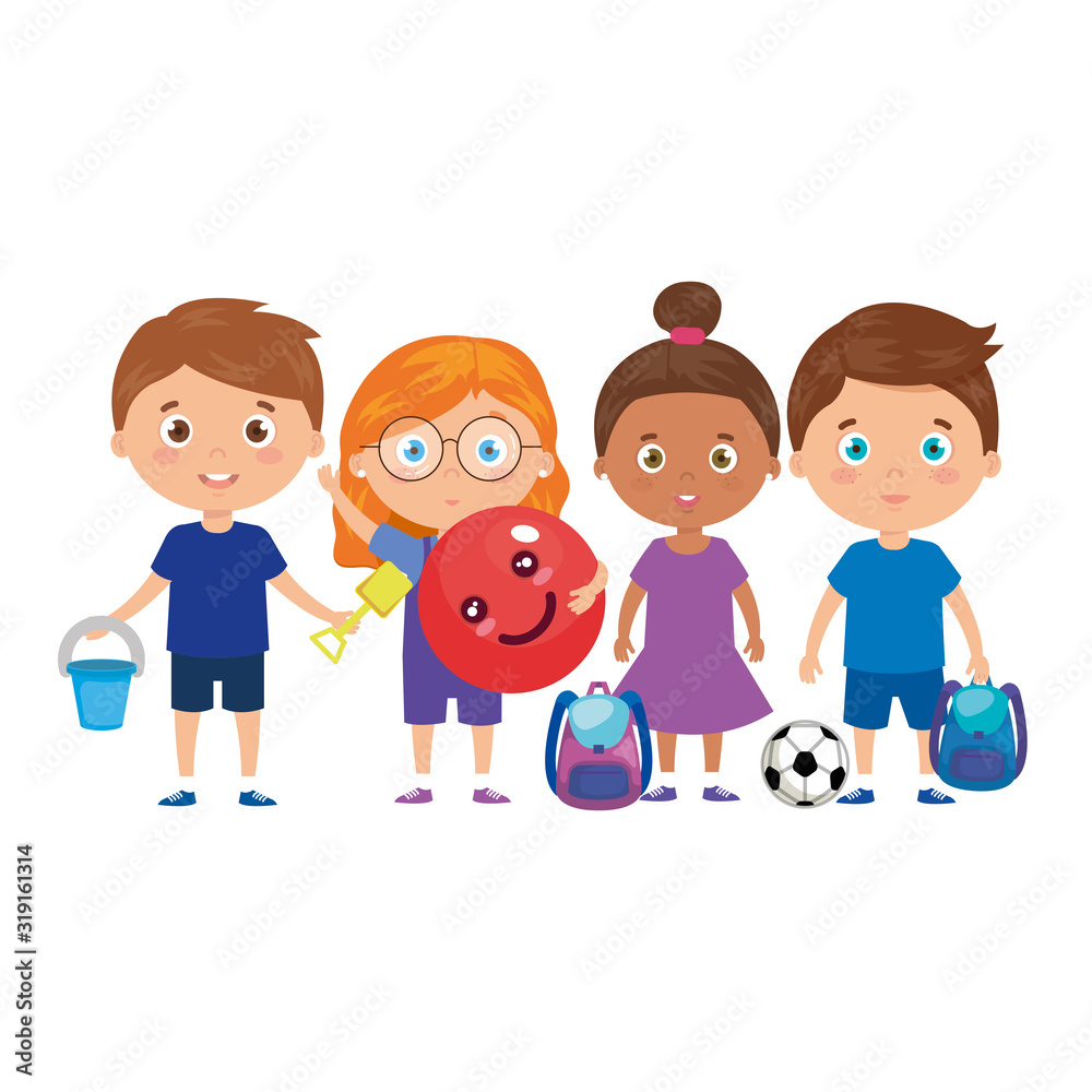 group of little children with school bag and toys vector illustration design group of little children with school bag and toys vector illustration design