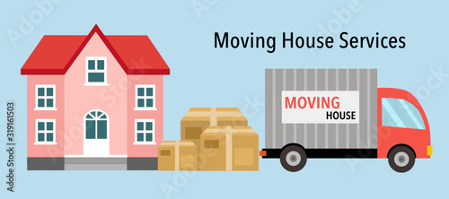 Moving house service concept vector illustration. House with cardboard boxes and moving truck design for banner website or poster.
