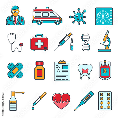 Medical Healthcare Colored Line Icons Set