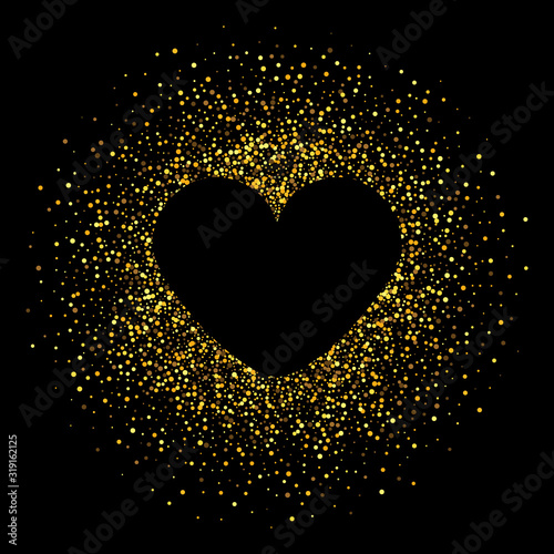 Happy Valentines Day Card with Gold Glittering Star Dust Heart, Golden Sparkles on Black Background vector eps10