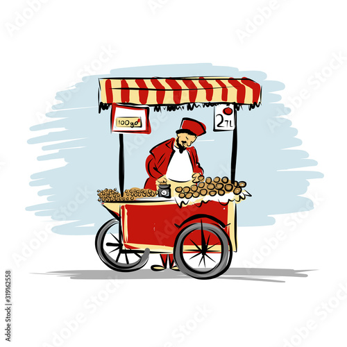 Pitchman with cart of food for your design