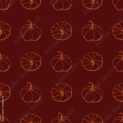 Seamless pattern with hand drawn outline pumpkins. Endless texture with orange contour squashes on dark red background for your design
