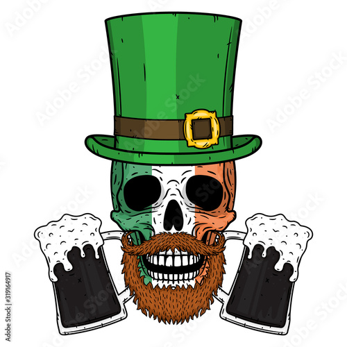 Human skull with Irish flag, green hat and glass beer isolated on white background.