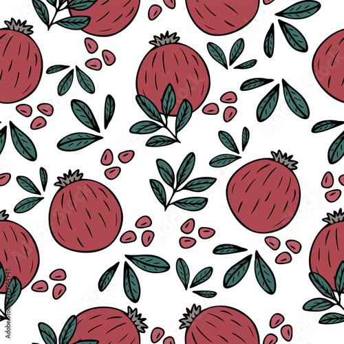 Seamless pattern with hand drawn pomegranate on a white background. Doodle, simple outline illustration.  It can be used for decoration of textile, paper and other surfaces.