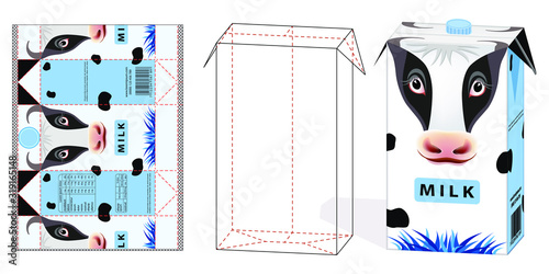 Stock vector design of boxes for milk. Unwrapped box with layout elements, Container die-stamping,  Folding Packaging for dairy product 3d mockup, Ready Pack.