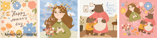 Happy Women's Day March 8! Vector illustration of a beautiful spring woman, teddy bear family congratulating mom on a holiday and floral frame. Drawings for card or poster.