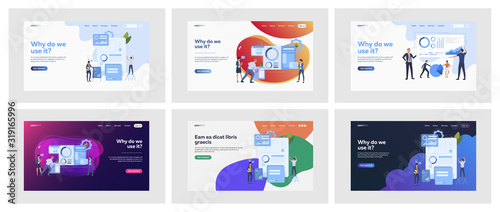Set of people making analysis and calculations. Flat vector illustrations of men and women using software. Business technology and statistics concept for banner, website design or landing web page