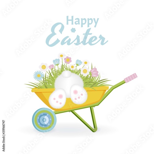 Happy Easter text for greetings, invitations, packaging, cards. A white rabbit is looking for an Easter egg in a garden car with grass and beautiful flowers. Cute legs and tail of a white bunny. On wh