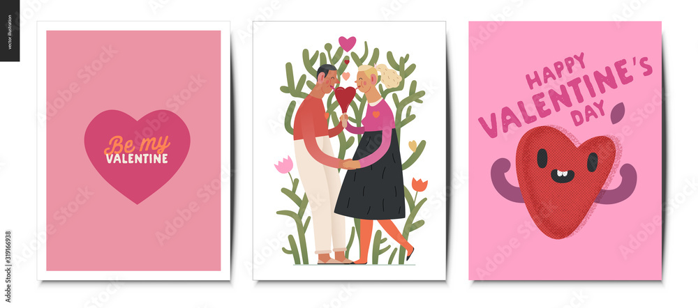 Valentines postcards -Valentines day graphics. Modern flat vector concept illustration - greeting cards - a young couple holding their hands licking a heart shaped ice cream, a happy heart in love
