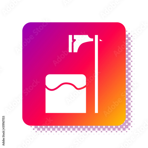 White Executioner axe in tree block icon isolated on white background. Hangman, torturer, executor, tormentor, butcher, headsman. Square color button. Vector Illustration