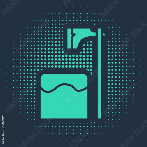 Green Executioner axe in tree block icon isolated on blue background. Hangman, torturer, executor, tormentor, butcher, headsman. Abstract circle random dots. Vector Illustration