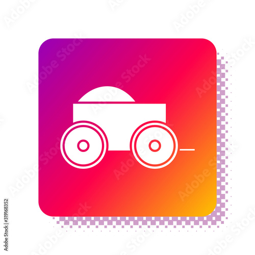 White Wooden four-wheel cart with hay icon isolated on white background. Square color button. Vector Illustration
