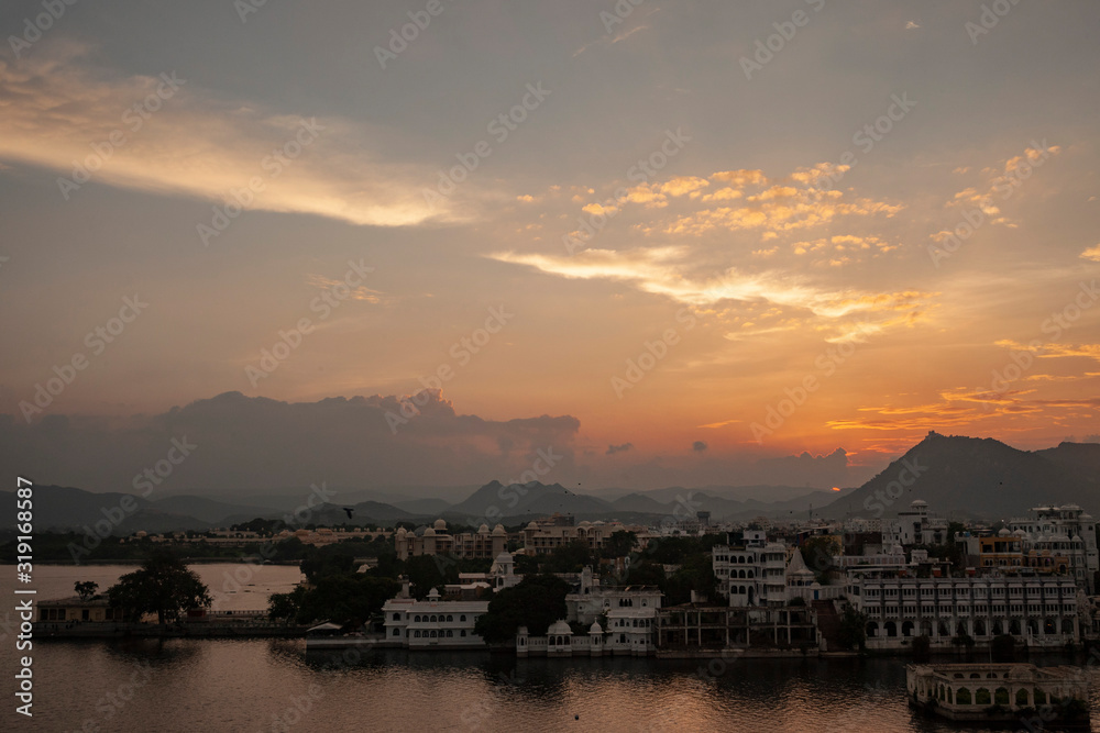 sunset over the indian city udaipur