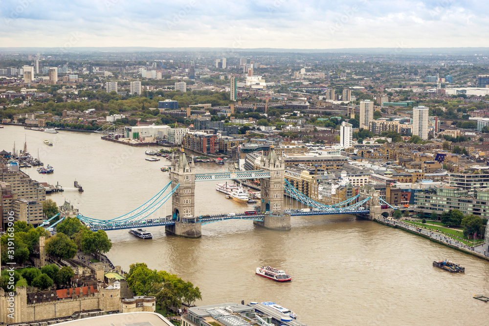Aerial view of London with London Bridge upon Thames river, UK